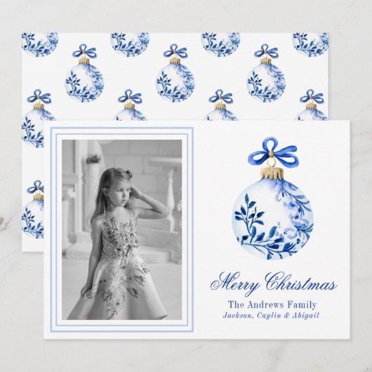 Chinoiserie Blauw-Wit Kerstbal Foto Feestdagenkaart (Voorkant / Achterkant)