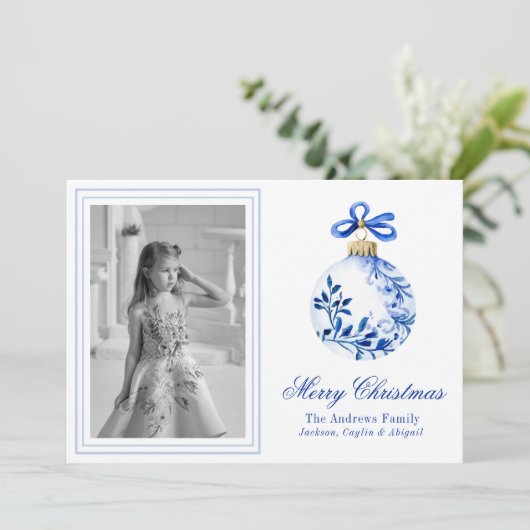 Chinoiserie Blauw-Wit Kerstbal Foto Feestdagenkaart (Staand voorkant)