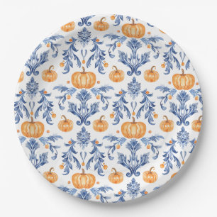Chinoiserie Blauw Wit Oranje Herfst Pompoenen Papieren Bordje