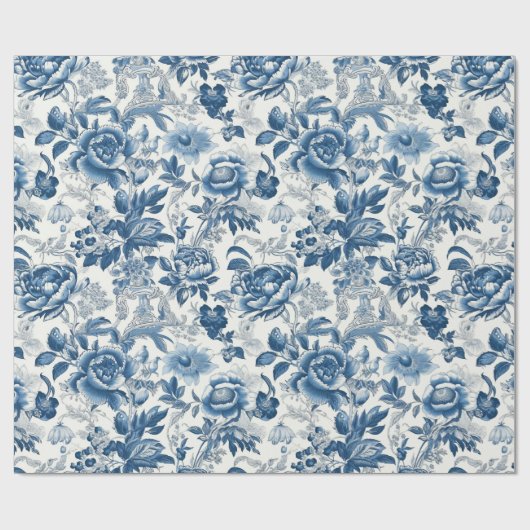 Chinoiserie Blauw Wit Pioenen Bloemen Decoupage Cadeaupapier (Vlak)