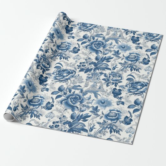 Chinoiserie Blauw Wit Pioenen Bloemen Decoupage Cadeaupapier (Uitgerold)