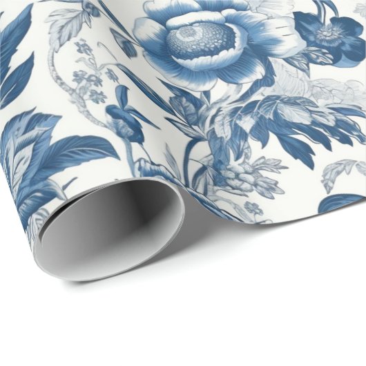 Chinoiserie Blauw Wit Pioenen Bloemen Decoupage Cadeaupapier (Rol Hoek)