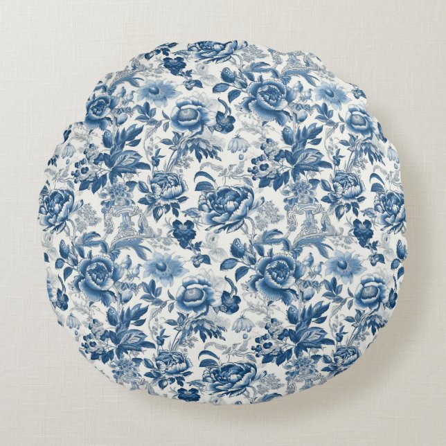 Chinoiserie Blauw Wit Pioenen Bloemen Home Decor Rond Kussen (Voorkant)