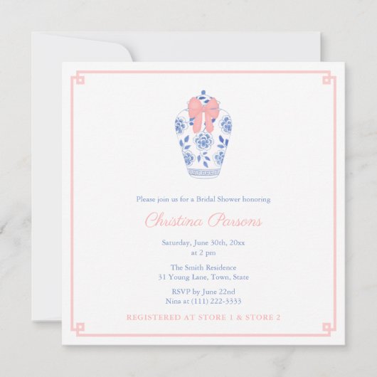 Chinoiserie Blauw Wit Roze Bruiloft Douche Party Kaart (Voorkant)