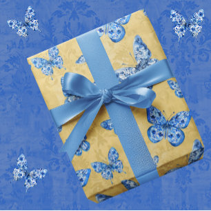 Chinoiserie Blauw Wit Vlindergoud Cadeaupapier