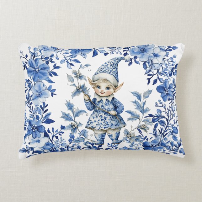 Chinoiserie Blauw Witte Bloem Kerst Elf Accent Kussen (Voorkant)