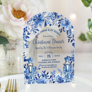 Chinoiserie Blauw Witte Bloem Notenkraker Kerstmis Acryl Uitnodigingen