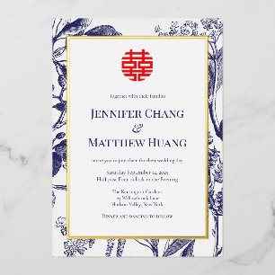 Chinoiserie Blauw Witte Dubbele Geluk Chinees Folie Uitnodiging