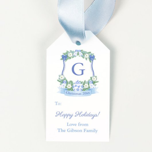 Chinoiserie Blauw Witte Rand Prettig Kerstfeest Cadeaulabel