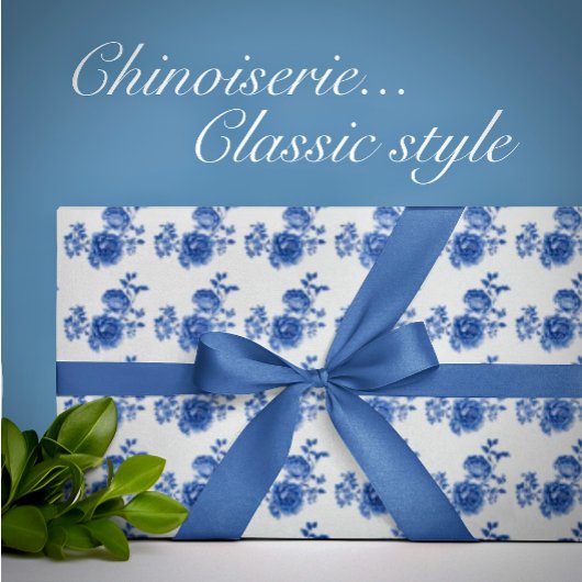 Chinoiserie Blauw Witte Rozen Bloemen Inpakpapier