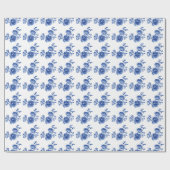 Chinoiserie Blauw Witte Rozen Bloemen Inpakpapier (Vlak)
