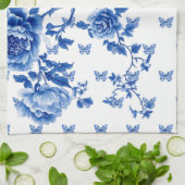 Chinoiserie Blauw Witte Vlinderrozen  Theedoek (Gevouwen)