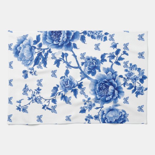 Chinoiserie Blauw Witte Vlinderrozen  Theedoek (Horizontaal)
