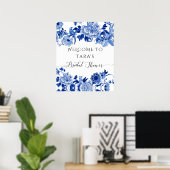 Chinoiserie Blauw Witte Welkom Vogel Loof Bruids- Poster (Thuiskantoor)