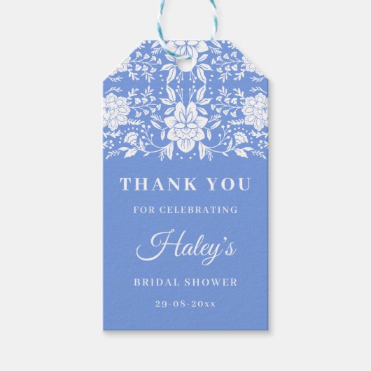 Chinoiserie Blauwe Bloem Bruiloftsdouche Cadeaulabel (Voorkant)