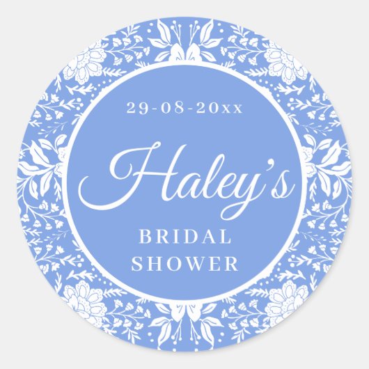 Chinoiserie Blauwe Bloem Bruiloftsfeest Ronde Sticker (Voorkant)