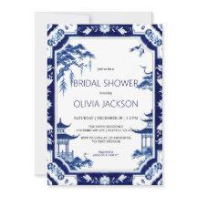 Chinoiserie Blauwe Bloemen Bruids Douche Uitnodigi