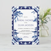 Chinoiserie Blauwe Bloemen Bruids Douche Uitnodigi Kaart (Staand voorkant)