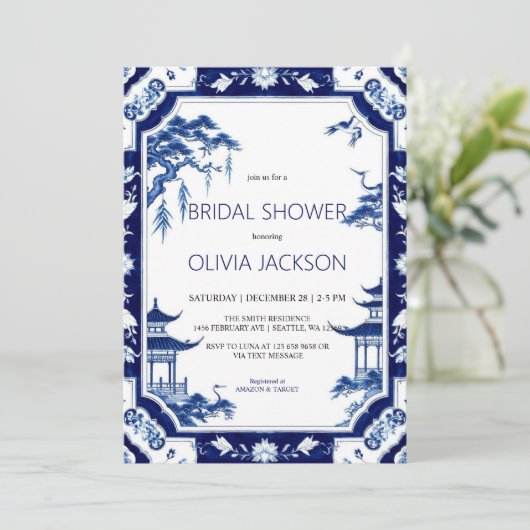 Chinoiserie Blauwe Bloemen Bruids Douche Uitnodigi Kaart (Staand voorkant)