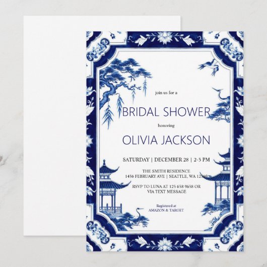 Chinoiserie Blauwe Bloemen Bruids Douche Uitnodigi Kaart (Voorkant / Achterkant)