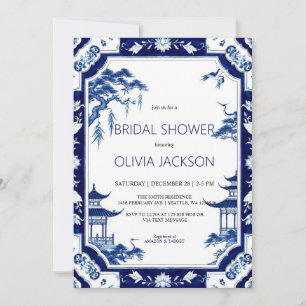 Chinoiserie Blauwe Bloemen Bruids Douche Uitnodigi Kaart