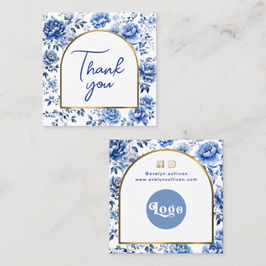 Chinoiserie blauwe bloemen dank u bijsluiter vierkante visitekaartje (Voorkant / Achterkant)