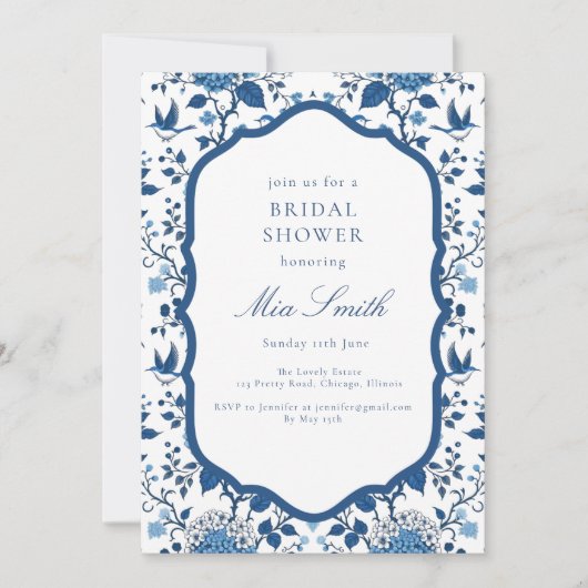 Chinoiserie Blauwe Bloemen en Vogels Uitnodiging (Voorkant)