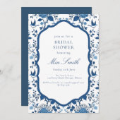 Chinoiserie Blauwe Bloemen en Vogels Uitnodiging (Voorkant / Achterkant)