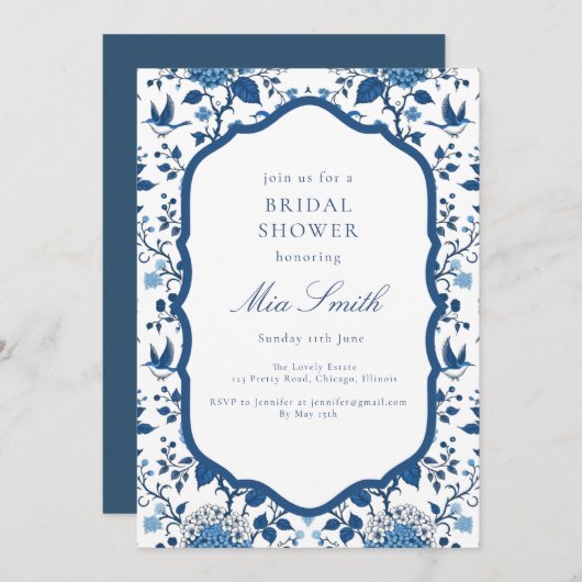 Chinoiserie Blauwe Bloemen en Vogels Uitnodiging (Voorkant / Achterkant)