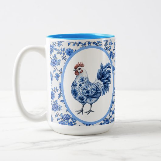 Chinoiserie Blauwe Bloemen met Haan Tweekleurige Koffiemok (Links)