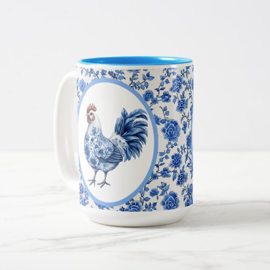 Chinoiserie Blauwe Bloemen met Haan Tweekleurige Koffiemok (Voorkant links)