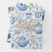 Chinoiserie Blauwe Bloemige Citroenen Blad Bruilof Inpakpapier Vel (In situ)
