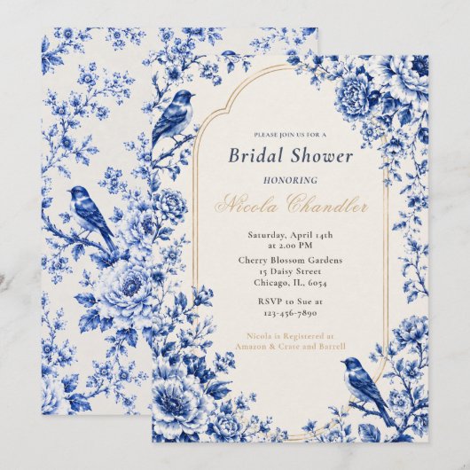 Chinoiserie Blauwe Bruiloftsborrel Kaart (Voorkant / Achterkant)