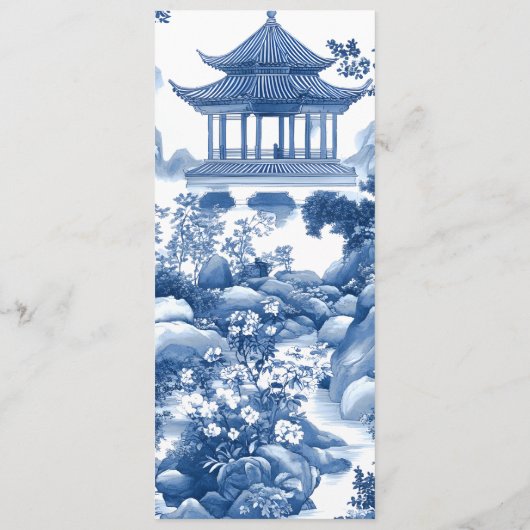 Chinoiserie Blauwe Elegante Pagode en Bloementoile Menu (Achterkant)