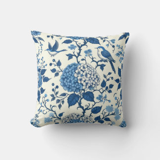 Chinoiserie Blauwe en Witte Bloemen en Vogels Kussen