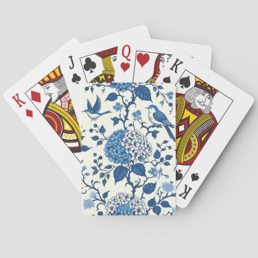 Chinoiserie Blauwe en Witte Bloemen en Vogels Pokerkaarten (Achterkant)