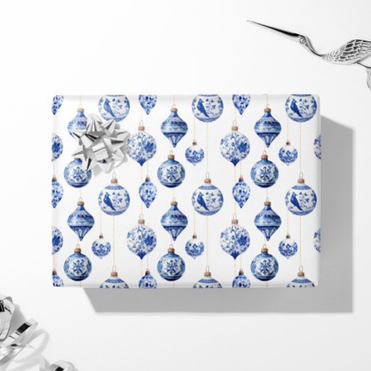 Chinoiserie Blauwe en Witte Kerst Ornamenten Cadeaupapier
