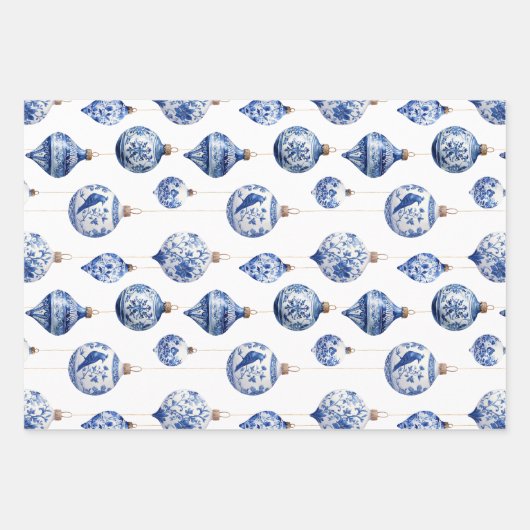 Chinoiserie Blauwe en Witte Kerst Ornamenten Inpakpapier Vel (Voorkant 2)