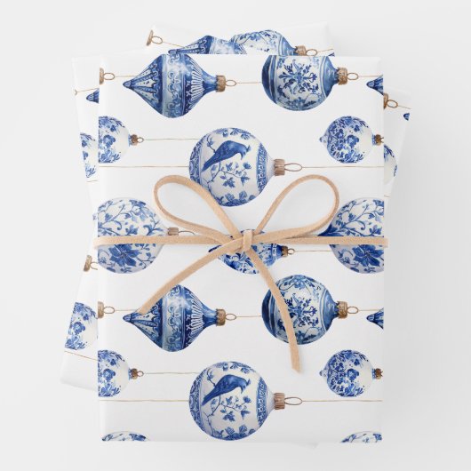 Chinoiserie Blauwe en Witte Kerst Ornamenten Inpakpapier Vel (In situ)