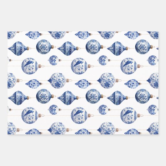 Chinoiserie Blauwe en Witte Kerst Ornamenten Inpakpapier Vel (Voorkant)