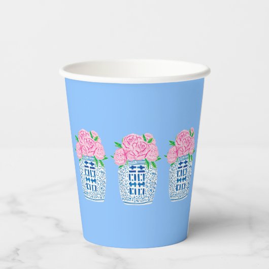 Chinoiserie Blauwe en Witte Pioen Papier Cups Papieren Bekers (Achterkant)