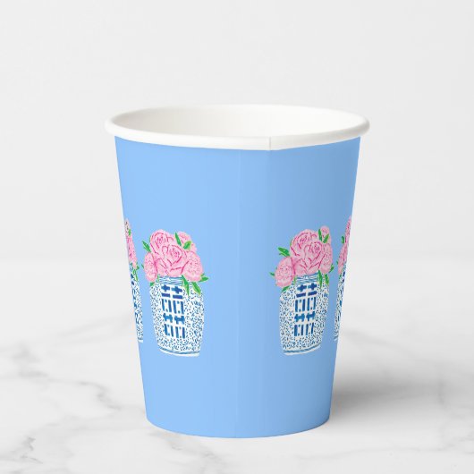 Chinoiserie Blauwe en Witte Pioen Papier Cups Papieren Bekers (Rechts)