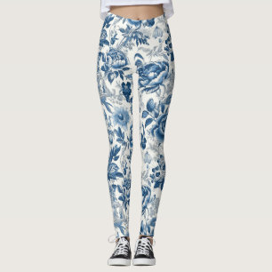 Chinoiserie Blauwe en Witte Pioenen Bloemen Leggings