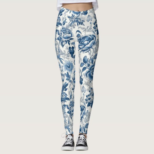 Chinoiserie Blauwe en Witte Pioenen Bloemen Leggings (Voorkant)