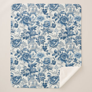 Chinoiserie Blauwe en Witte Pioenen Bloemen Sherpa Deken