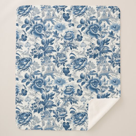 Chinoiserie Blauwe en Witte Pioenen Bloemen Sherpa Deken (Voorkant)
