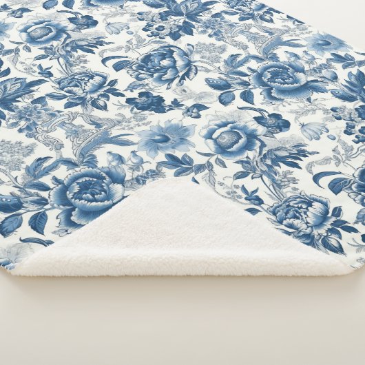 Chinoiserie Blauwe en Witte Pioenen Bloemen Sherpa Deken (3/4)