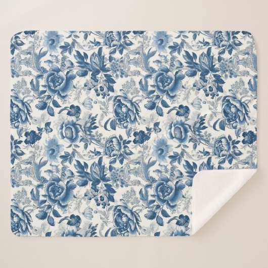 Chinoiserie Blauwe en Witte Pioenen Bloemen Sherpa Deken (Voorkant (horizontaal))