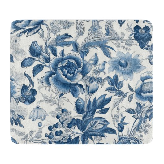 Chinoiserie Blauwe en Witte Pioenen Bloemen Snijplank (Voorkant)