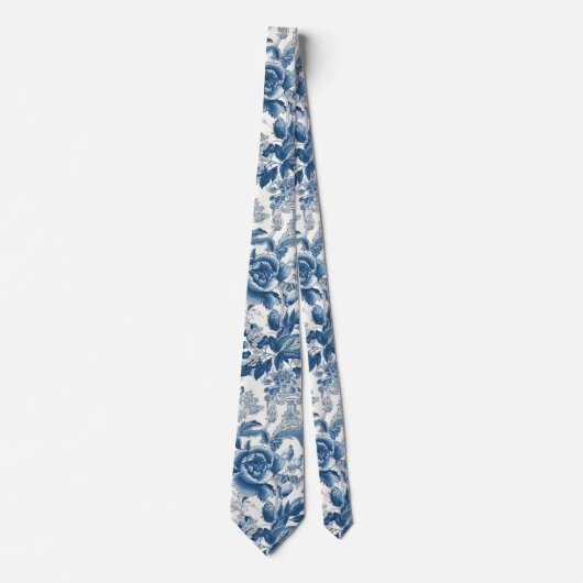 Chinoiserie Blauwe en Witte Pioenen Bloemen Stropdas (Voorkant)